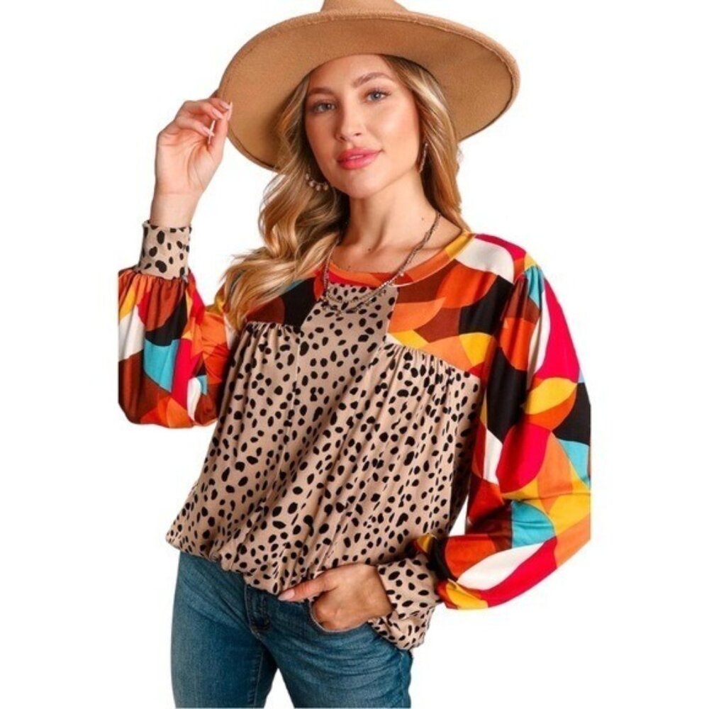 Artsy Geometric Animal Print Top Women Size large Long Sleeve Colorful Boho - Picture 16 of 16